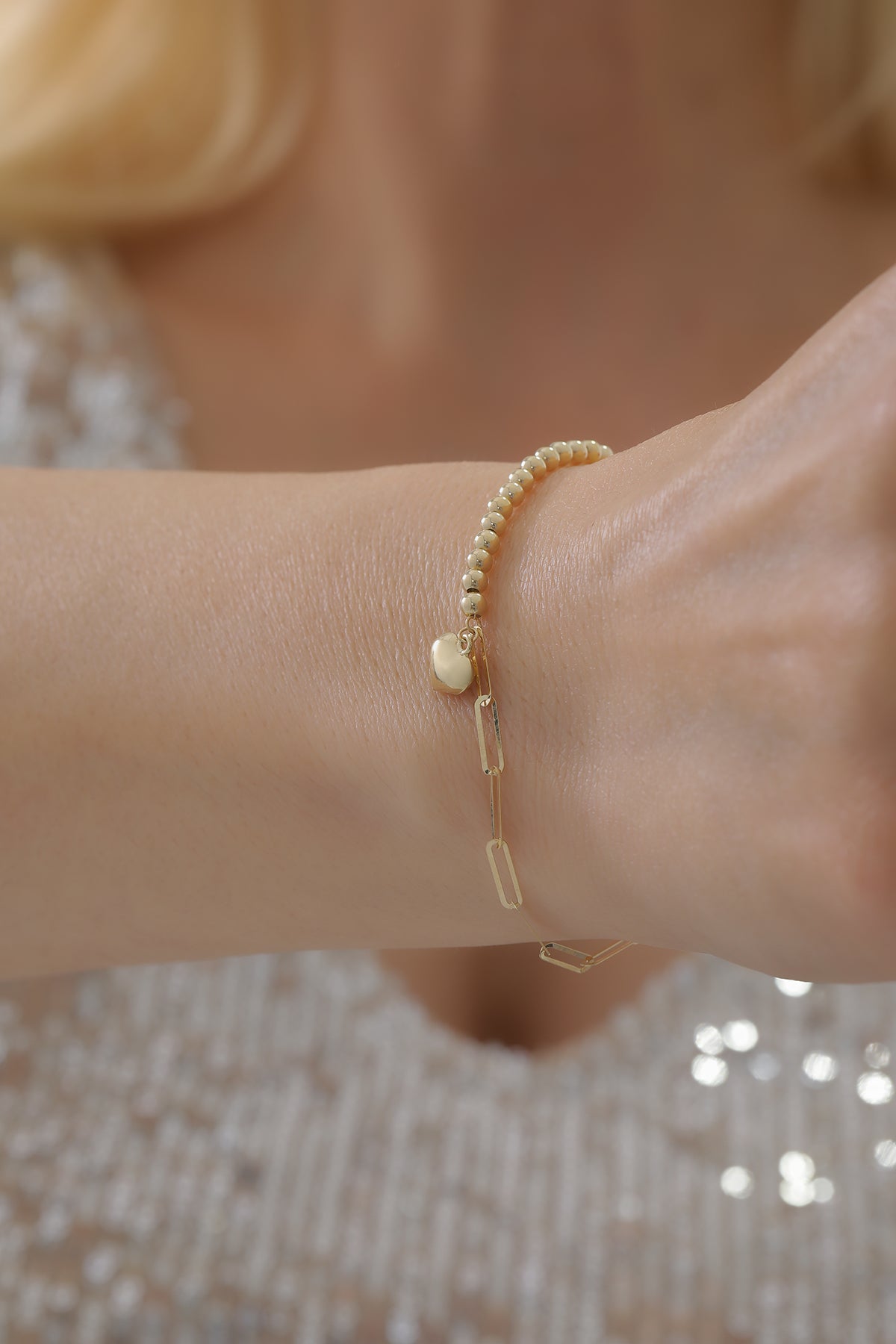14 Ayar Altın Yarı Sıralı Ataç Kalp Parlak Dorika Bileklik - Boyut/Ebat: 19 cm