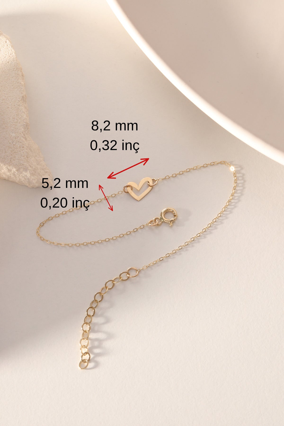 14 Ayar Altın Minimal Kadın Kalp Bileklik - Boyut/Ebat: 19 cm