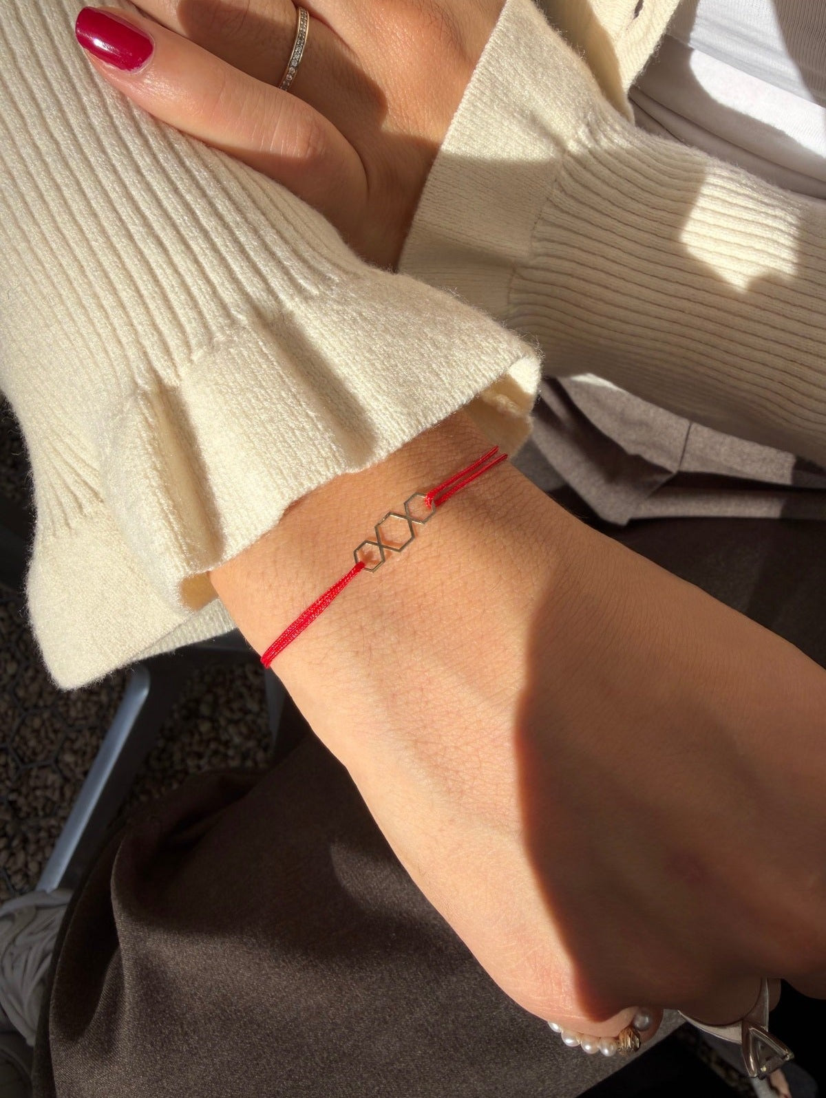 14K Gold Red Cord Hexagon Row Bracelet · Standard