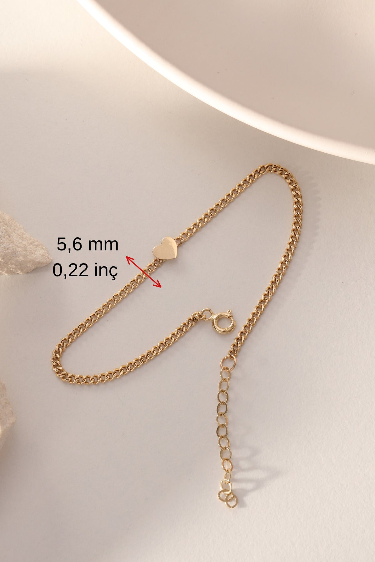 14 Ayar Altın Minik Kalp Detaylı Zincir Bileklik - Boyut/Ebat: 19 cm