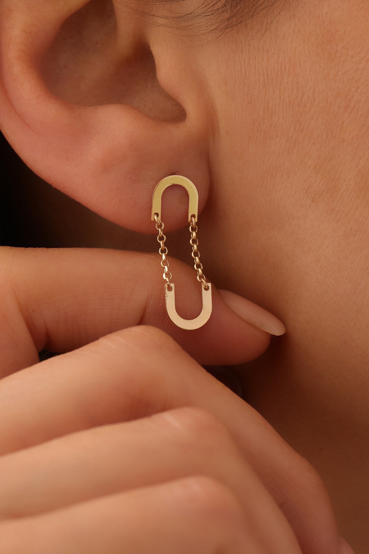 14 Ayar Altın Tasarım Zincir Ataç Küpe