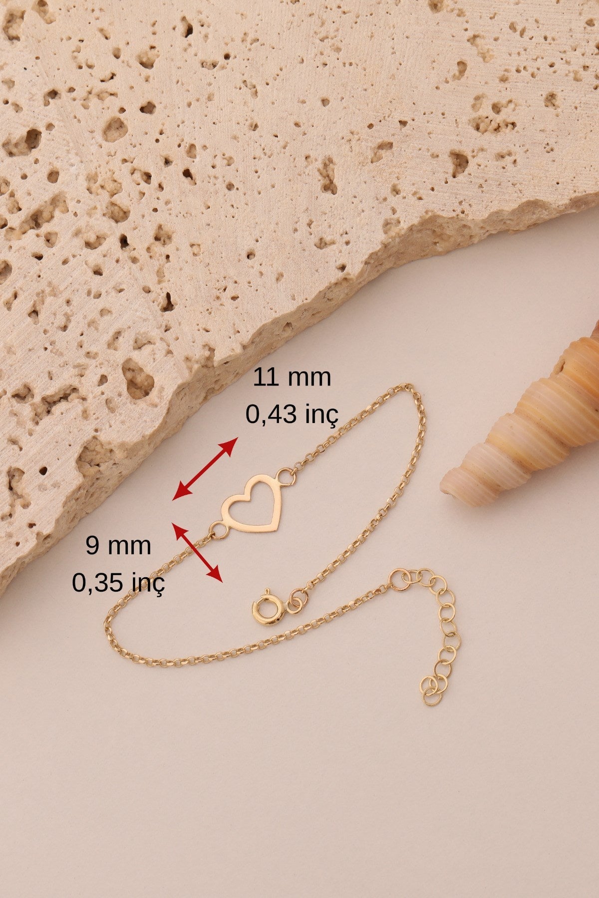 14 Ayar Altın Minimal Kadın Kalp Bileklik