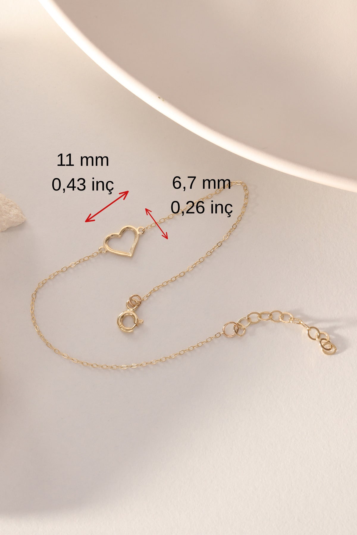 14 Ayar Altın Minimal Zarif Kalp Bileklik - Boyut/Ebat: 19 cm