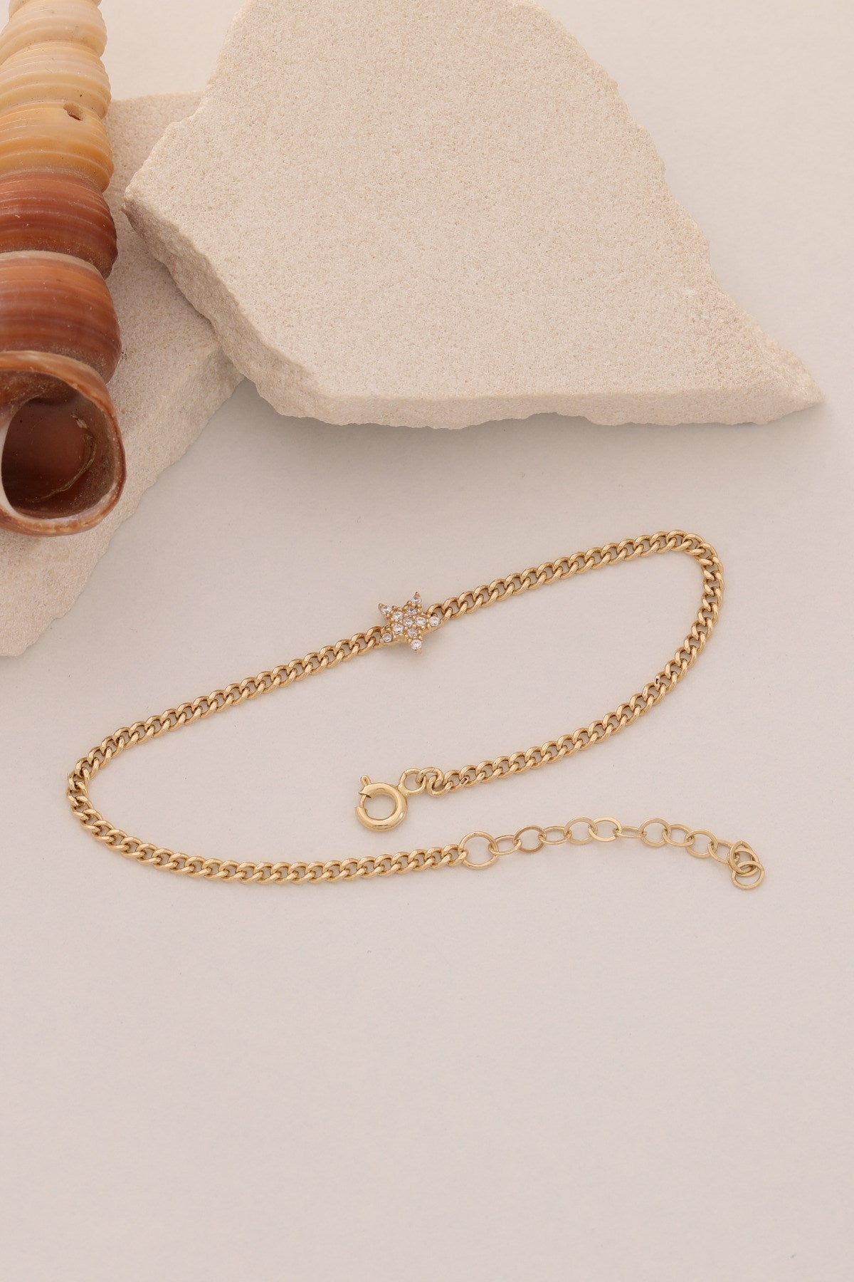 14 Ayar Altın Zirkon Taşlı Şık Yıldız Zincir Bileklik