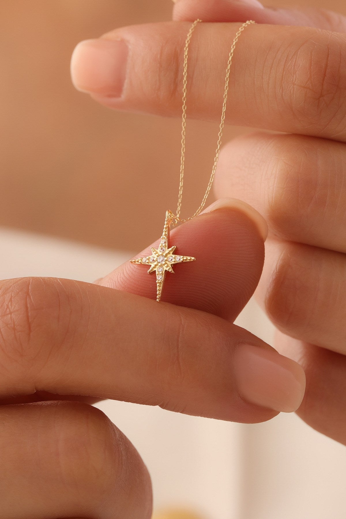 14 Ayar Altın Minimal Zirkon Taşlı Kutup Yıldızı Kolye