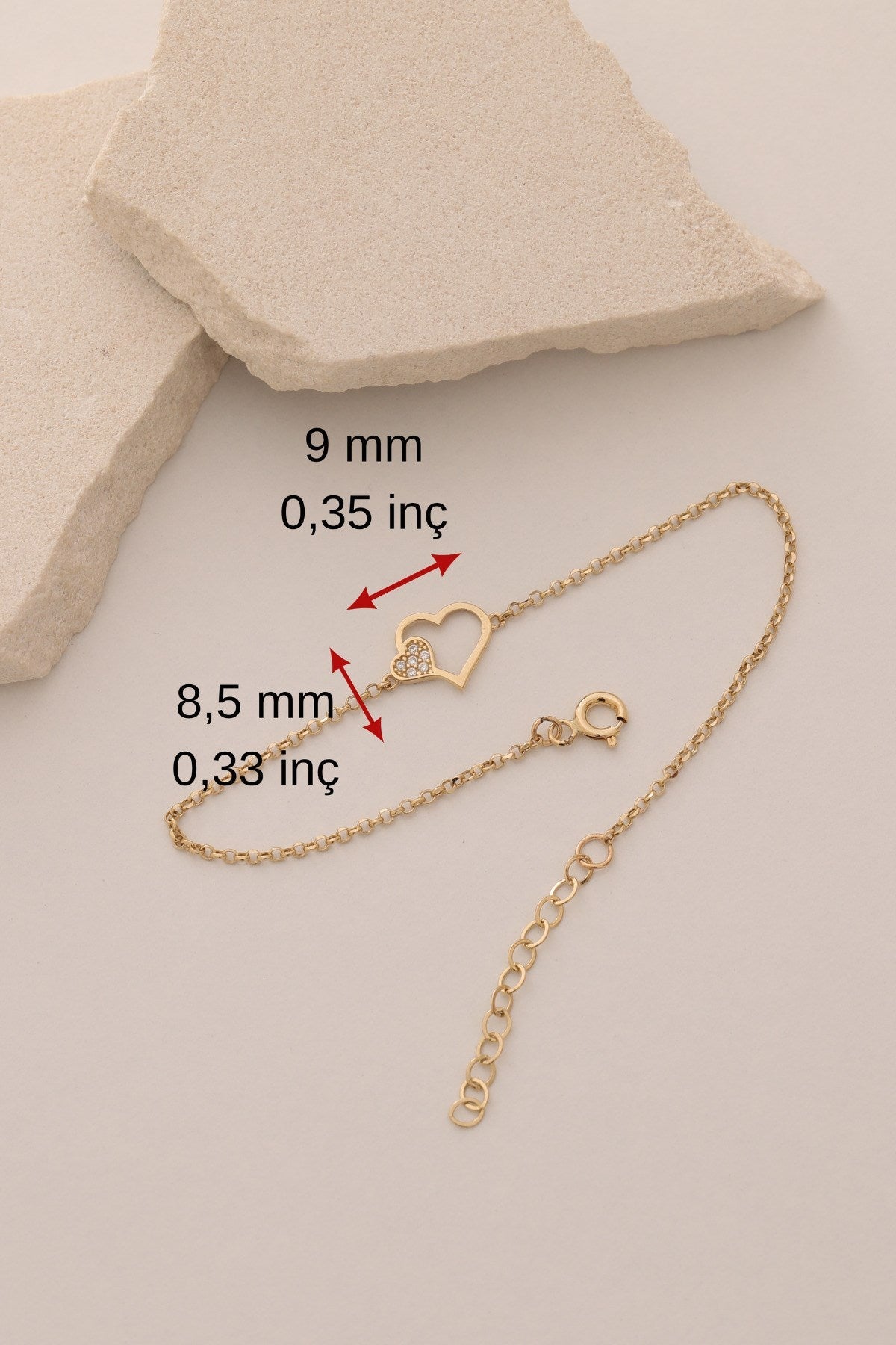14 Ayar Altın Zirkon Taşlı Mini İç İçe Kalpler Kadın Bileklik